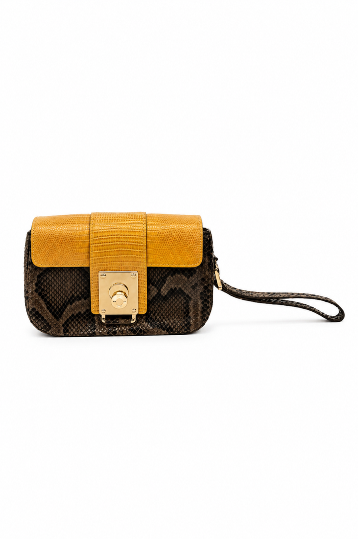 Tods Yellow & Brown Leather Wristlet Clutch