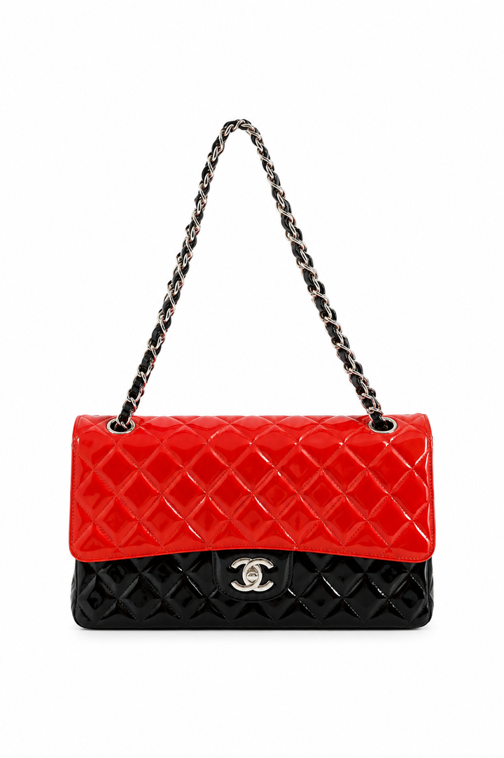 Chanel Black Red Bicolor Patent Leather Matelasse Coco Mark Double Chain Shoulder Bag