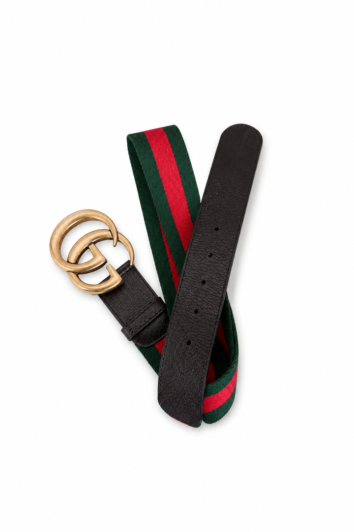 Gucci Multicolor Leather And Web GG Marmont Buckle Belt Size 34