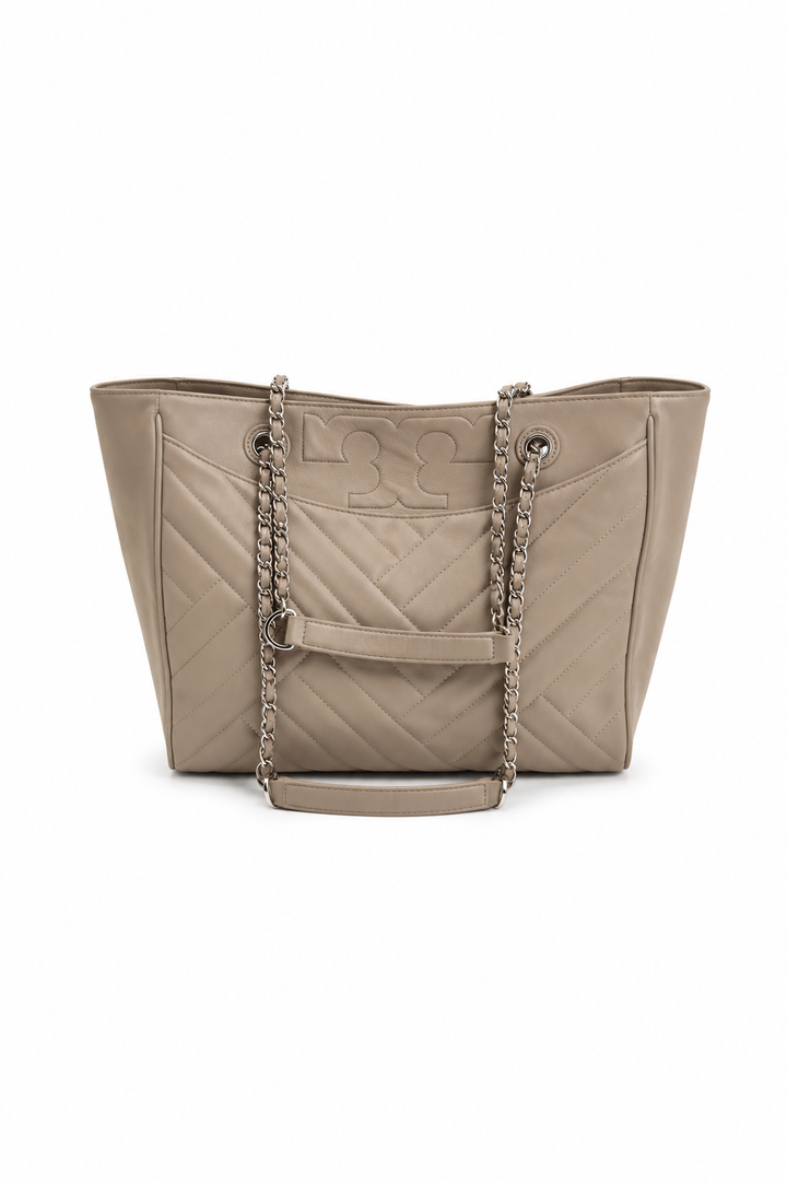 Tory Burch Grey Quilted Leather Alexa Chain Tote