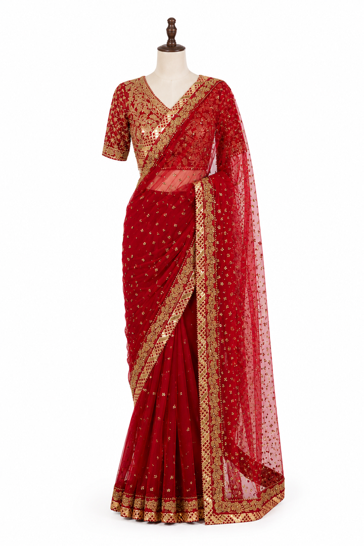 Simar Dugal Red Hand-Embroidered Saree Set
