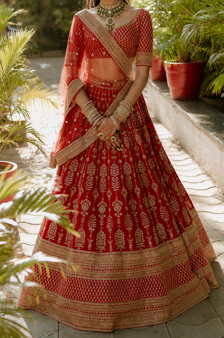 Sabyasachi Red Bridal Embroidered Lehenga Set