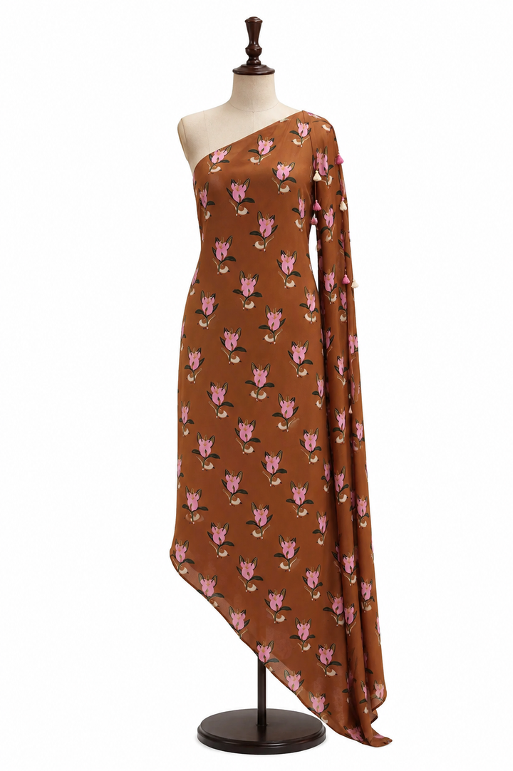 Masaba Brown Crepe One-Shoulder Maxi Dress
