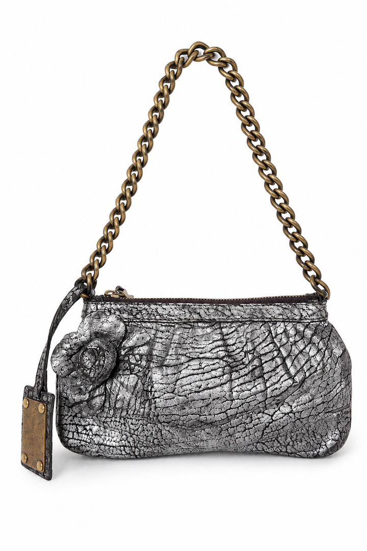 Dolce & Gabbana Dark Copper Textured Leather Floral Applique Chain Clutch
