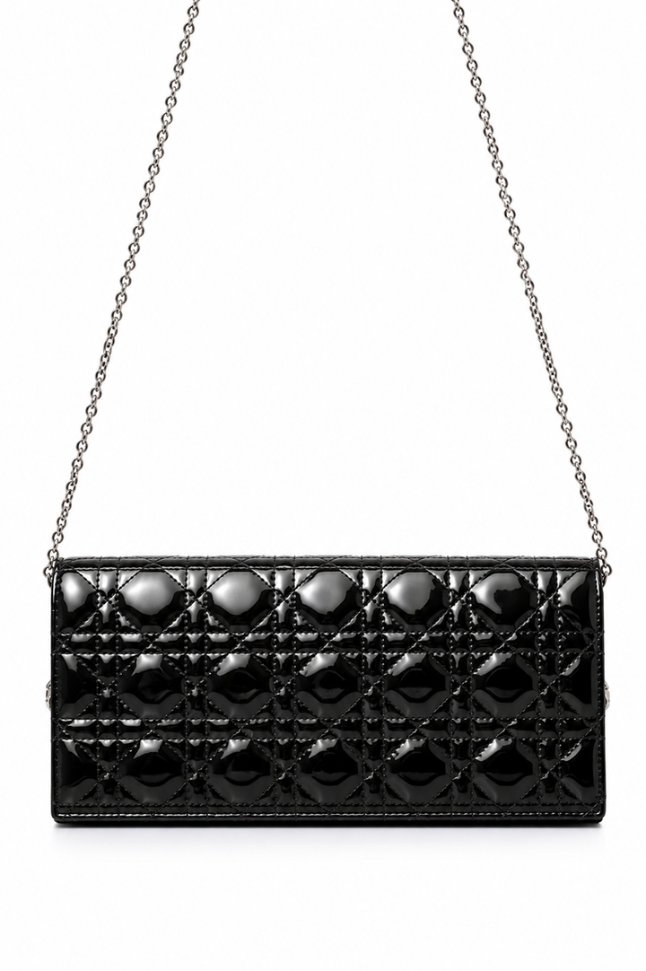 Dior Black Quilted Cannage Patent Leather Lady Dior Chain Clutch
