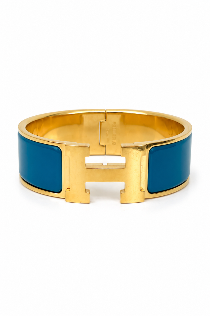 Hermes Enamel Clic H Hinged Blue Bangle Bracelet