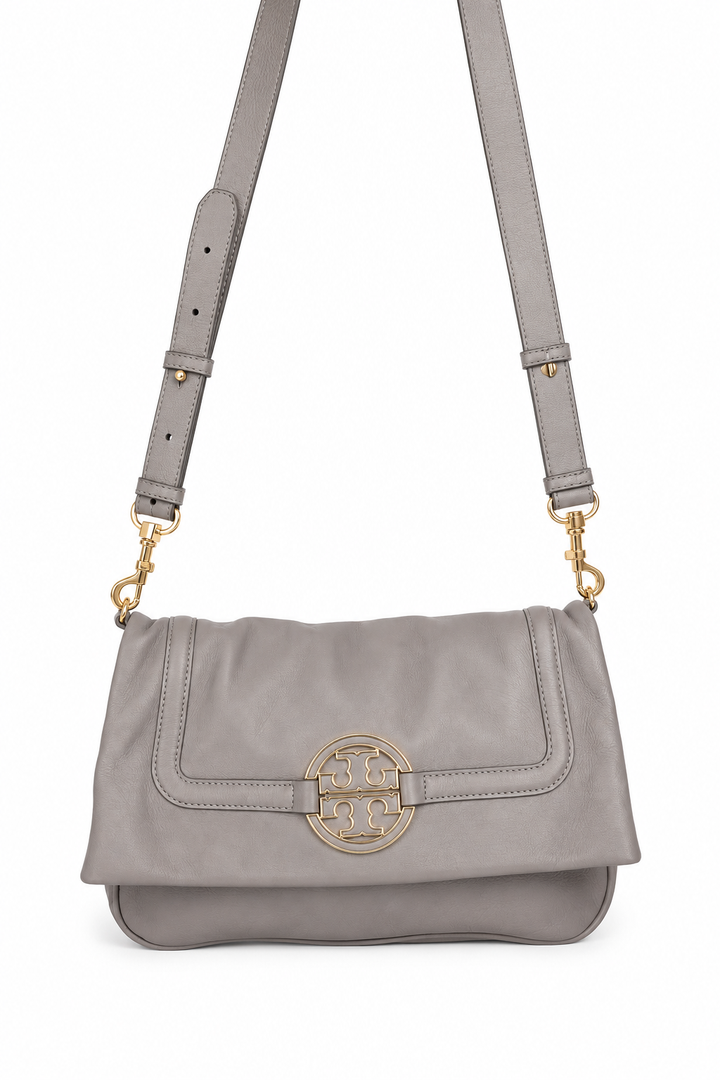 Tory Burch Grey Leather Amanda Foldover Crossbody Bag