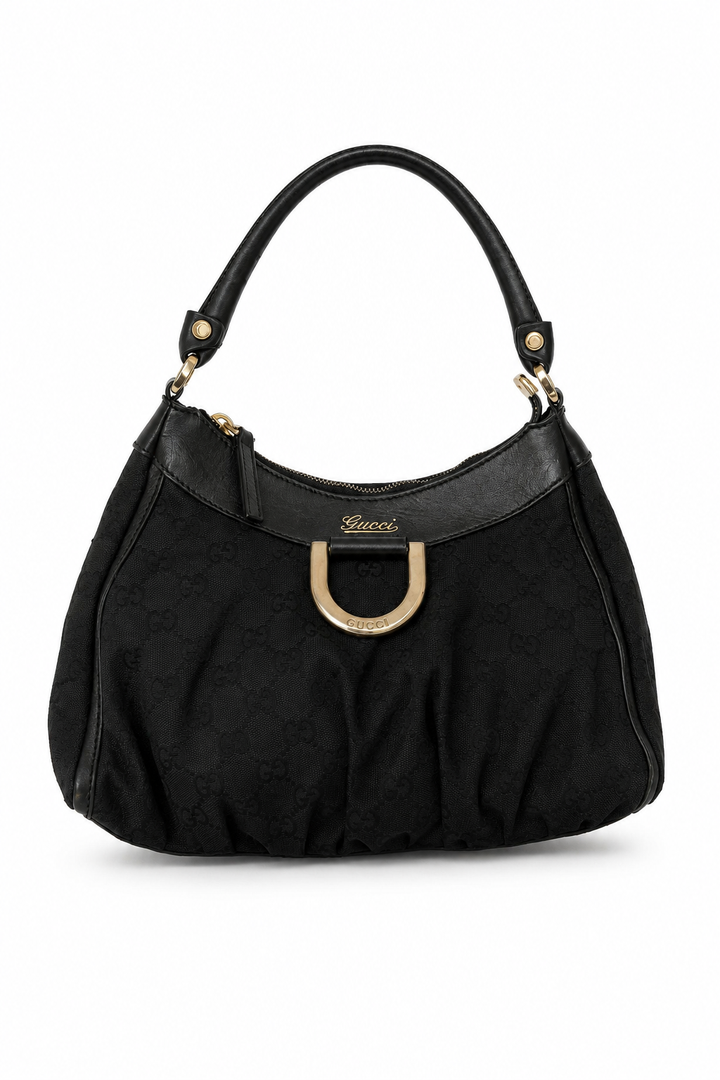 Gucci Black GG Canvas D Gold Hobo Bag