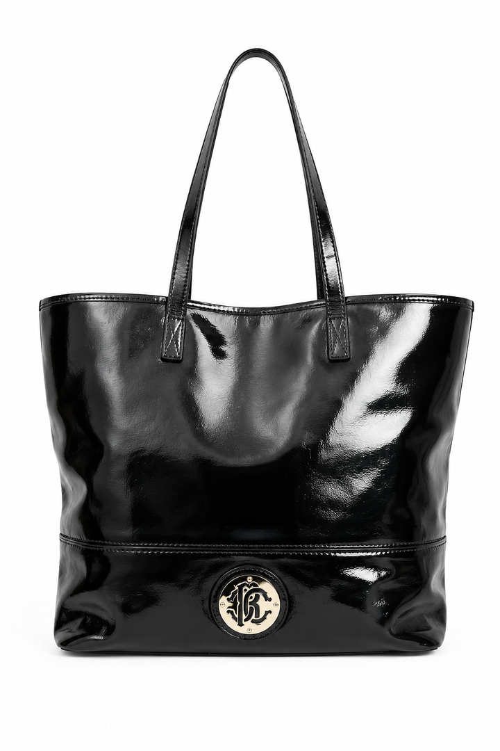 Roberto Cavalli Black Patent Leather Logo Tote