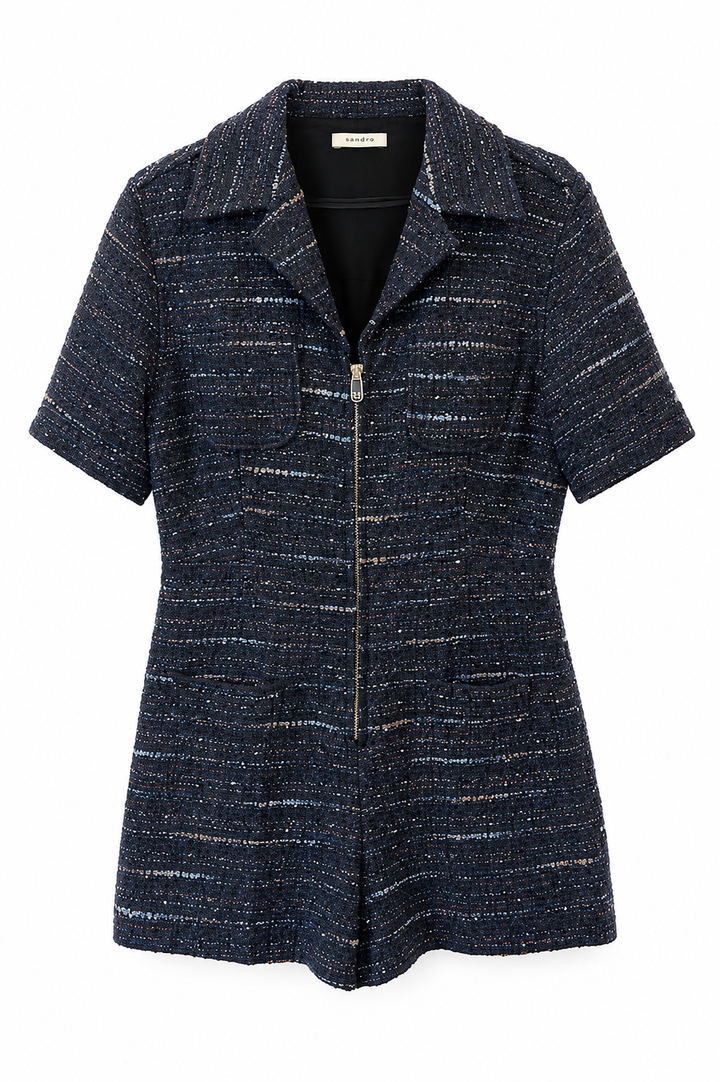 Sandro Navy Tweed Zip-Front Playsuit