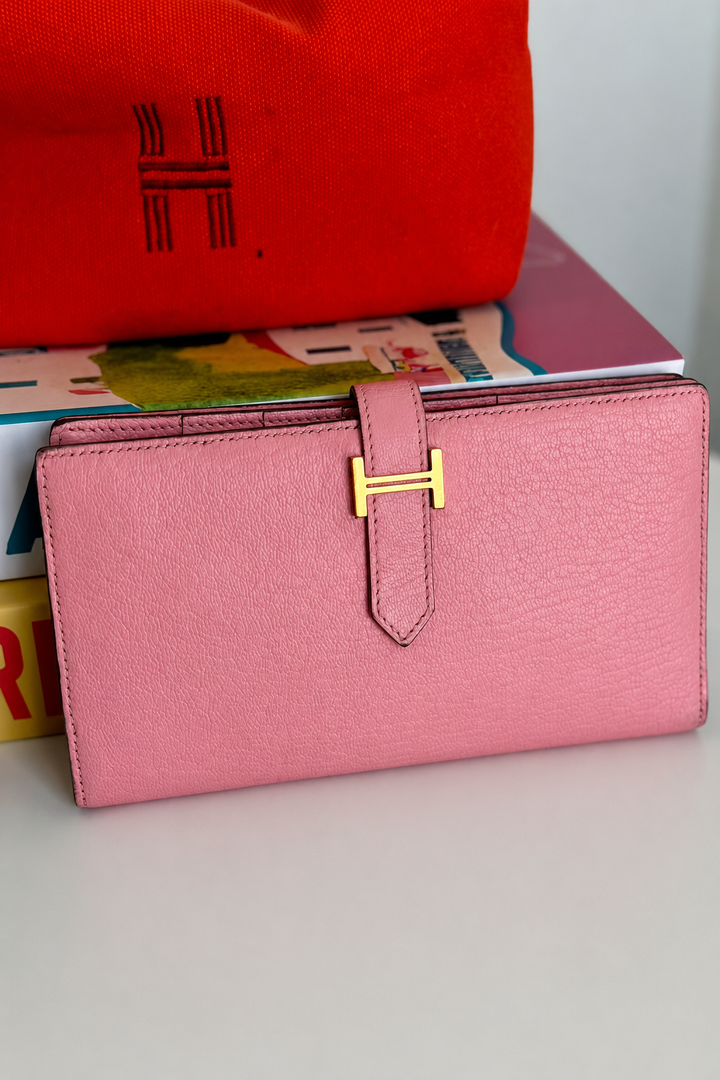 Hermès Bearn Soufflet Rose Sakura Chevre Long Wallet