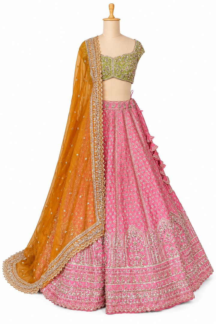 Anushree Reddy Pink & Green Embroidered Lehenga Set
