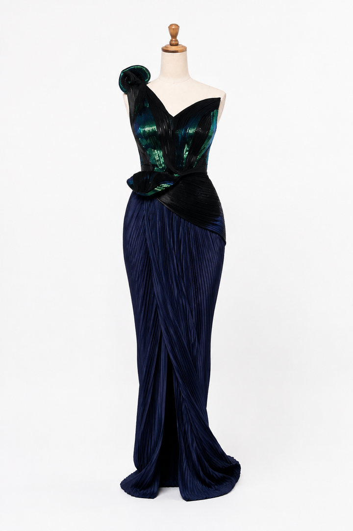 Amit Aggarwal Metallic Gown With Plisse Drape