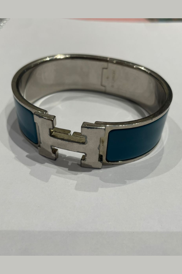 Hermes Clic Clac H Wide Duck Blue Enamel Palladium-Plated Bracelet