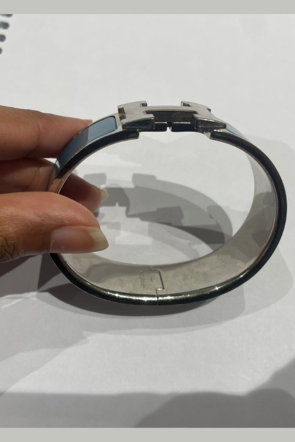 Hermes Clic Clac H Wide Duck Blue Enamel Palladium-Plated Bracelet