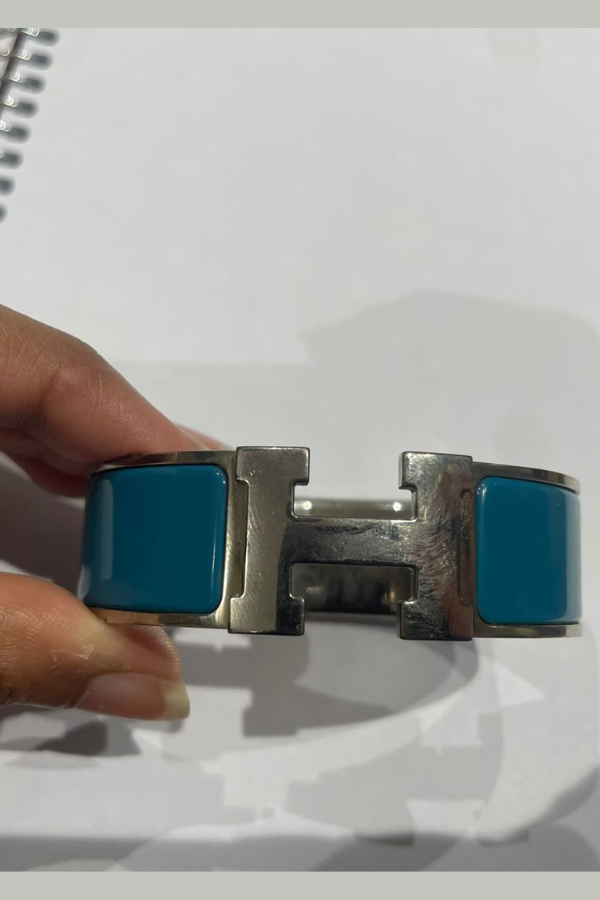 Hermes Clic Clac H Wide Duck Blue Enamel Palladium-Plated Bracelet