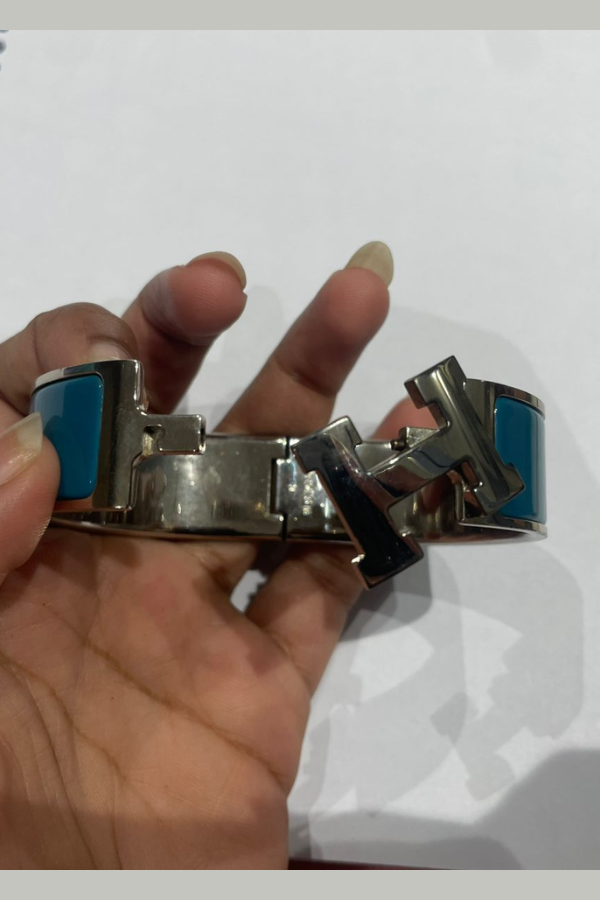 Hermes Clic Clac H Wide Duck Blue Enamel Palladium-Plated Bracelet