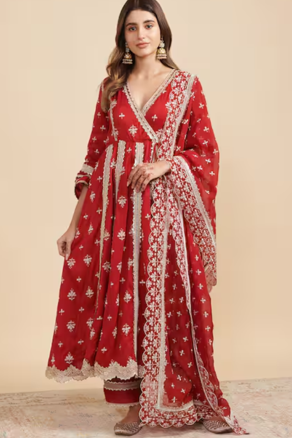 Mul Mul Red Angrakha Anarkali Set