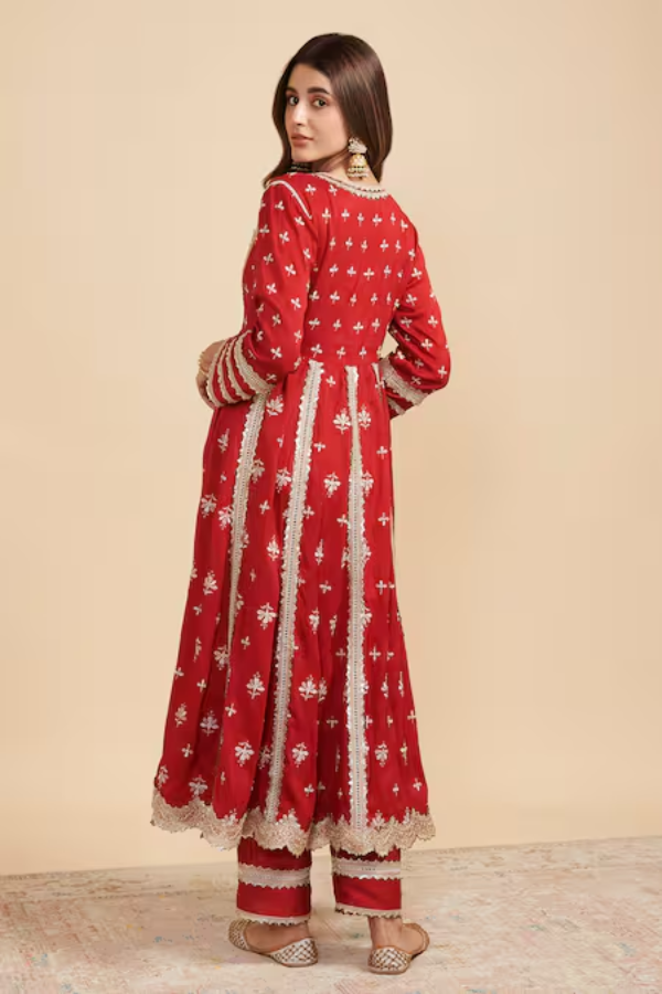 Mul Mul Red Angrakha Anarkali Set