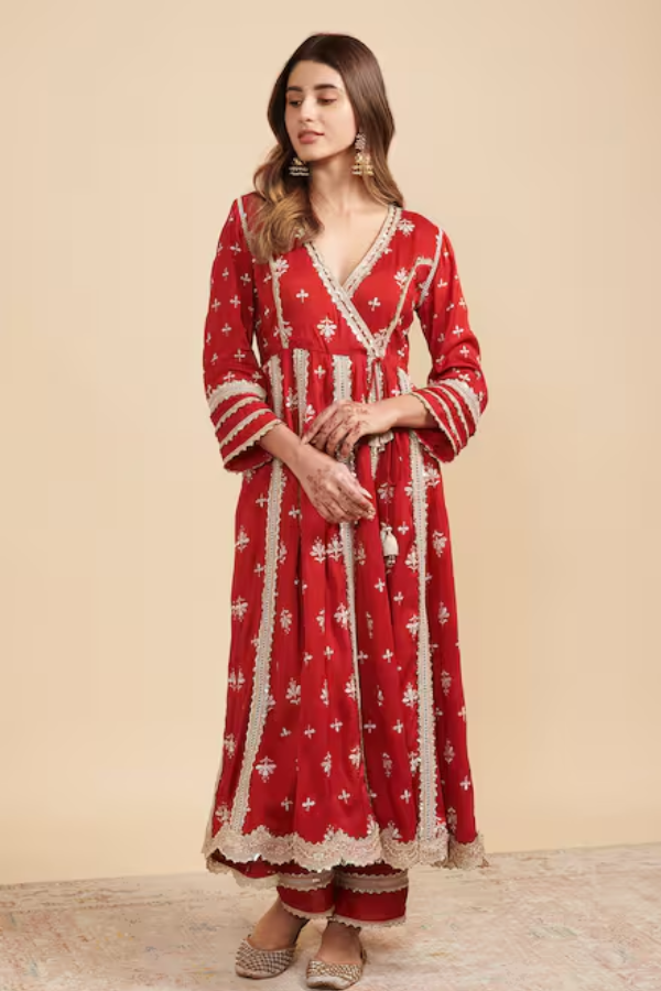 Mul Mul Red Angrakha Anarkali Set