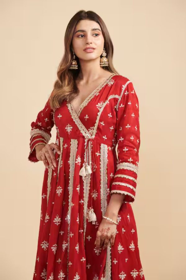 Mul Mul Red Angrakha Anarkali Set