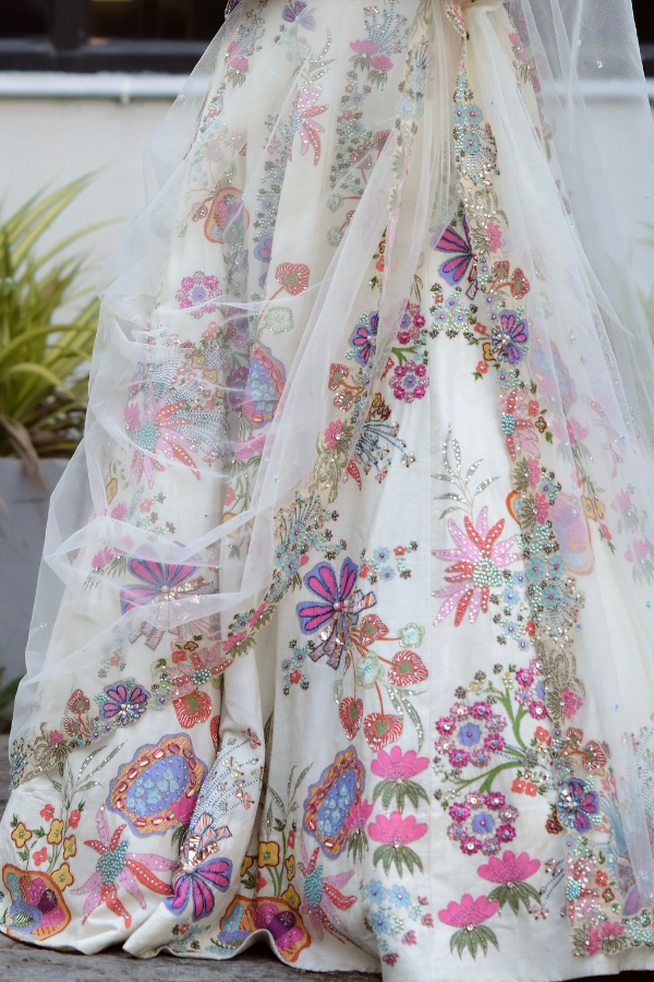 Aisha Rao Zahra ivory kasab satin lehenga