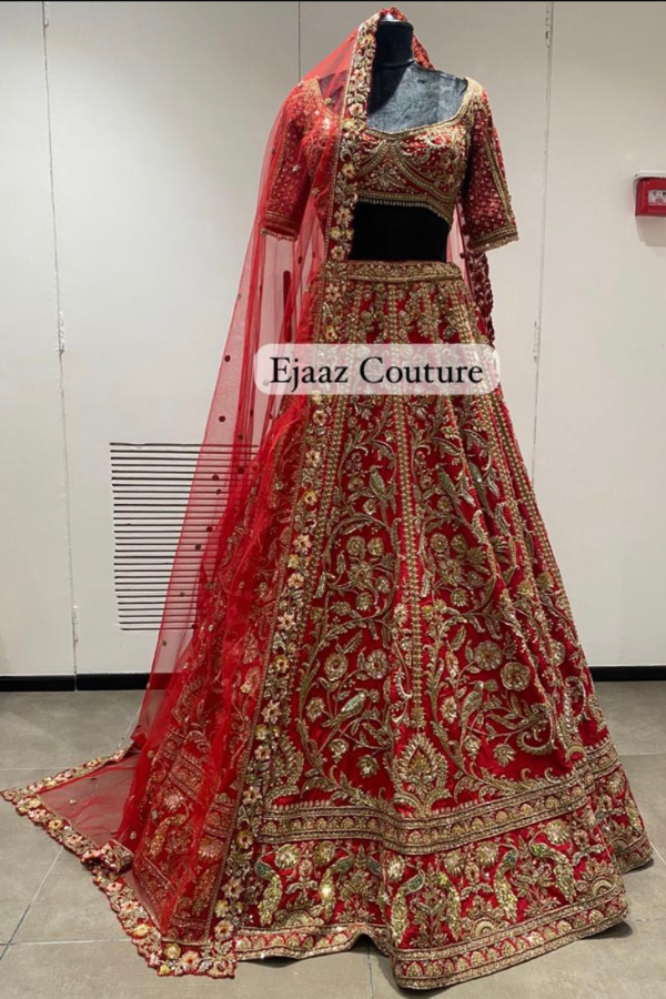 Ejaaz Couture Red Bridal Embroidered Lehenga Set