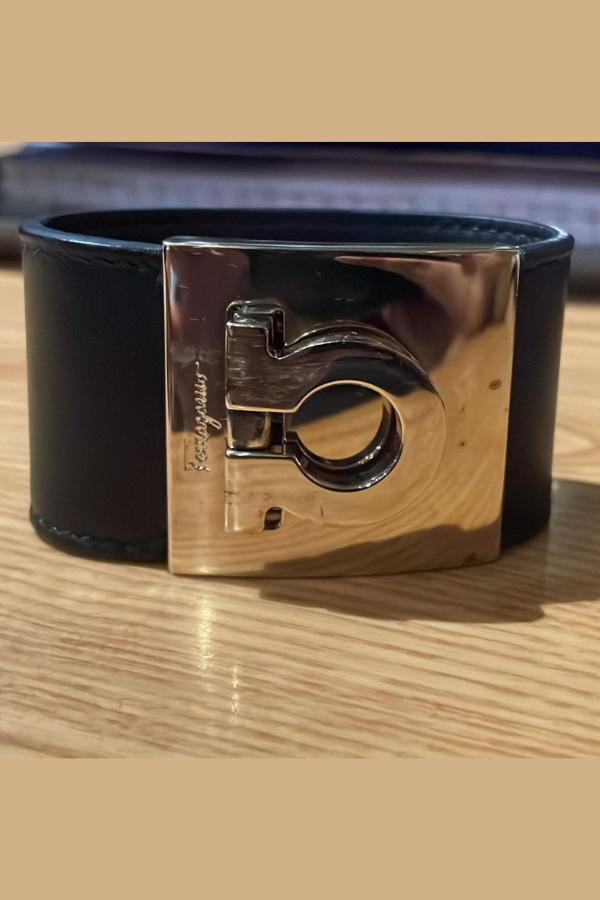 Salvatore Ferragamo Gancini Black Leather Cuff Bracelet
