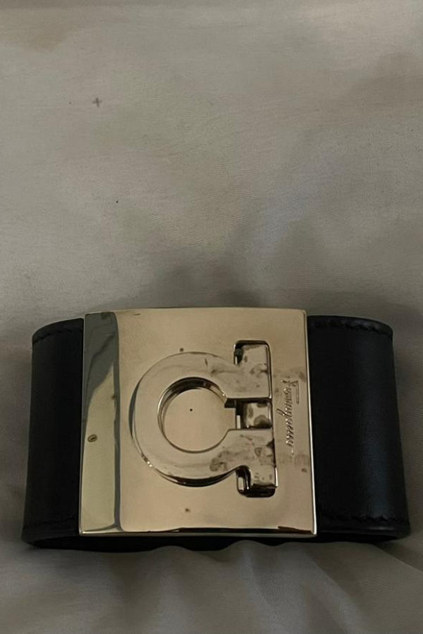 Salvatore Ferragamo Gancini Black Leather Cuff Bracelet