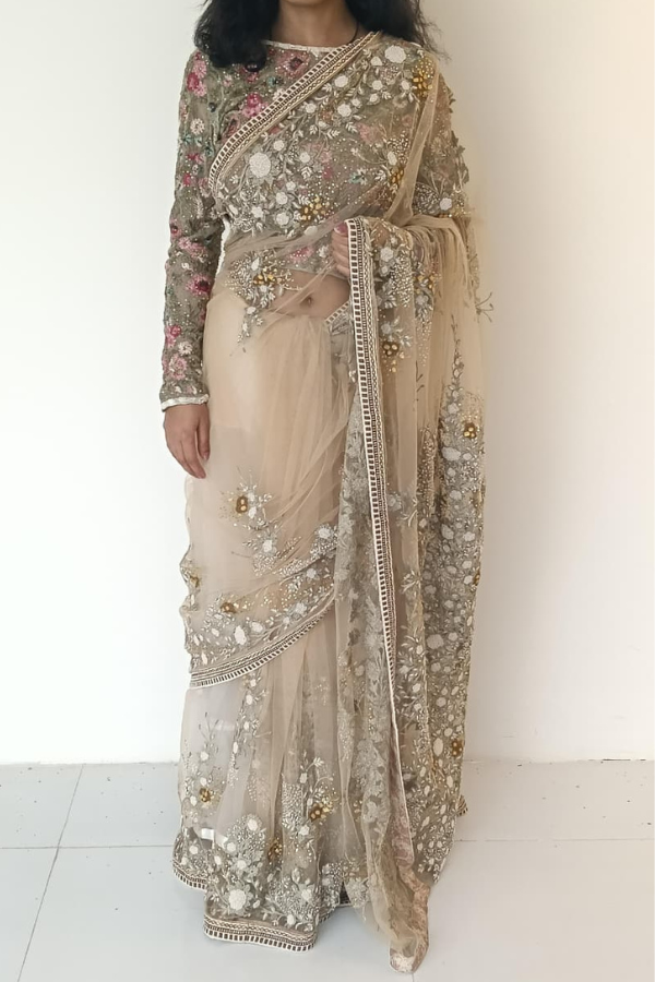 Varun Bahl Signature Beige Floral Embroidered Saree