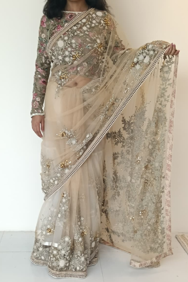 Varun Bahl Signature Beige Floral Embroidered Saree