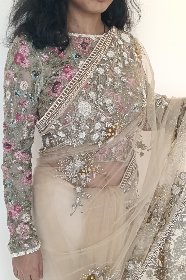 Varun Bahl Signature Beige Floral Embroidered Saree