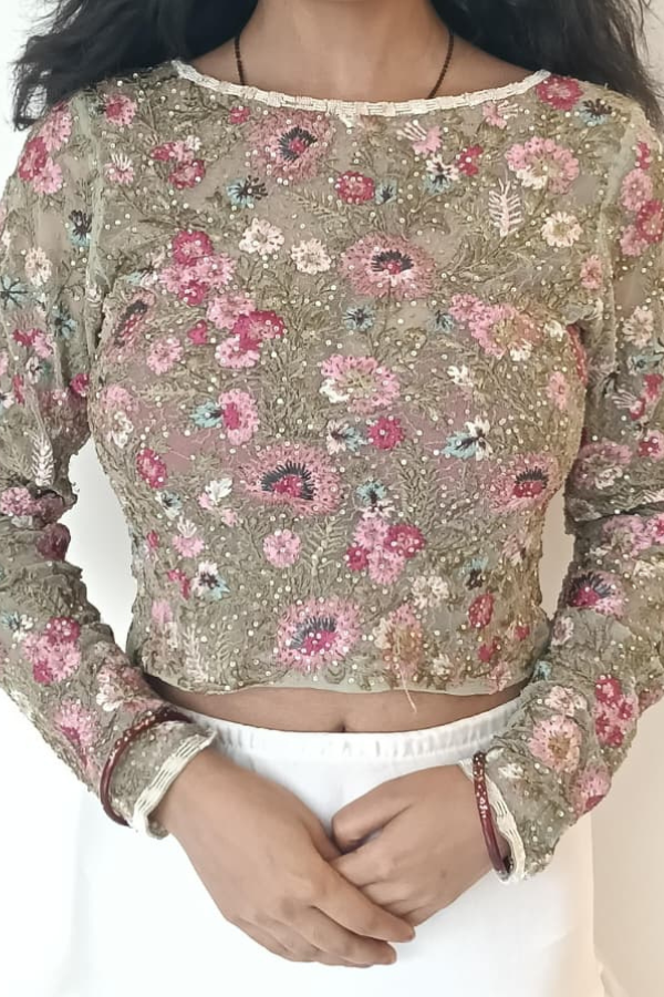 Varun Bahl Signature Beige Floral Embroidered Saree