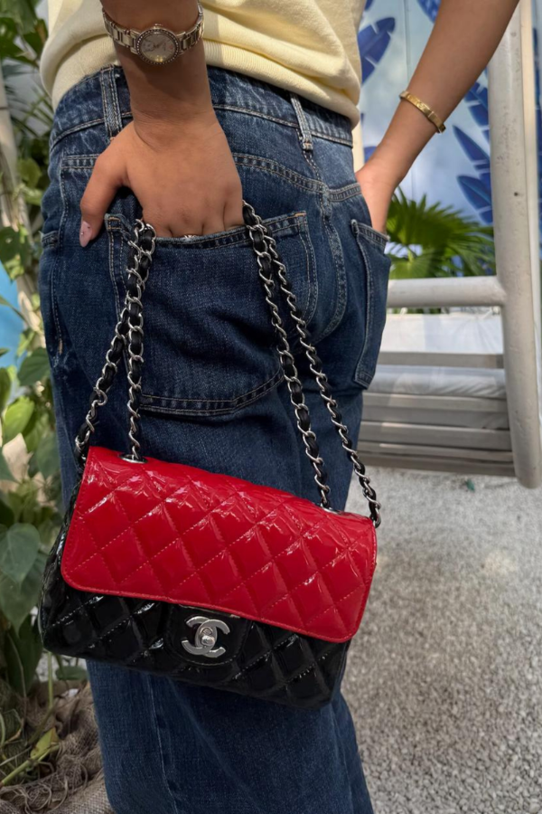 Chanel Black Red Bicolor Patent Leather Matelasse Coco Mark Double Chain Shoulder Bag