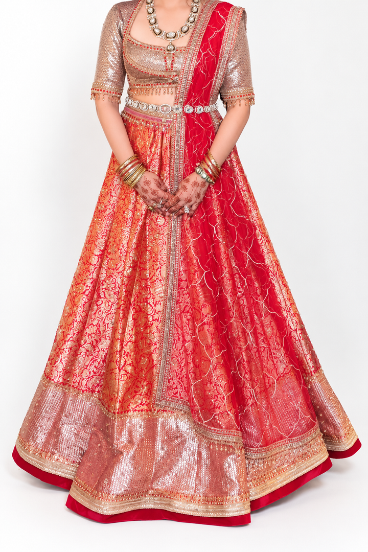 Tarun Tahiliani Red & Gold Embroidered Lehenga Set