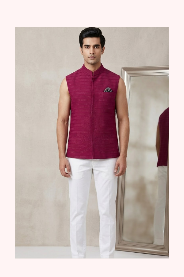 Shantanu & Nikhil Red Bundi Jacket with White Pants