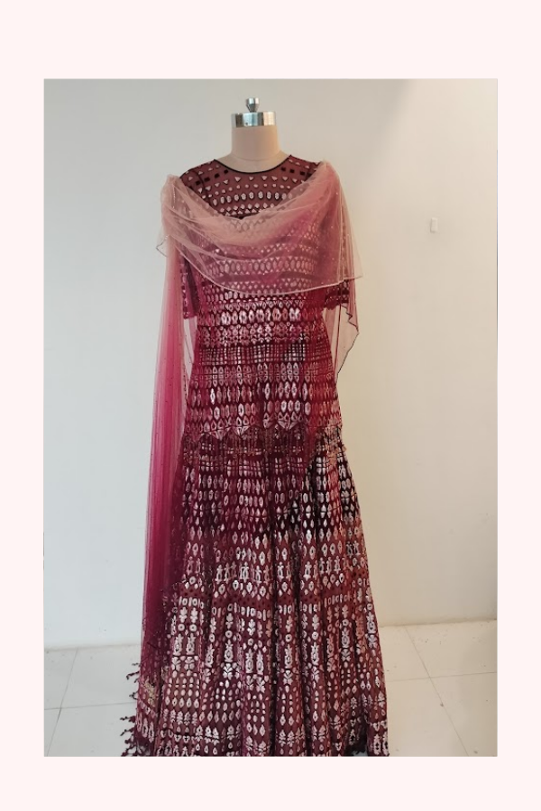 Tarun Tahiliani Maroon Geometric Embellished Lehenga Set