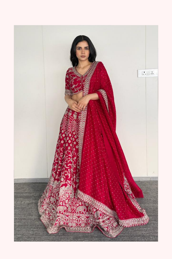 Mrunalini Rao Red Raw Silk Embroidered Lehenga Set