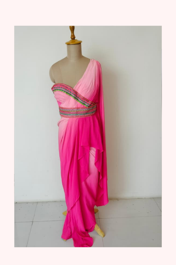 Shantanu & Nikhil Rose Pink Gown with Saree Drape