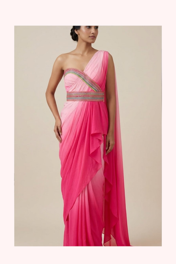 Shantanu & Nikhil Rose Pink Gown with Saree Drape