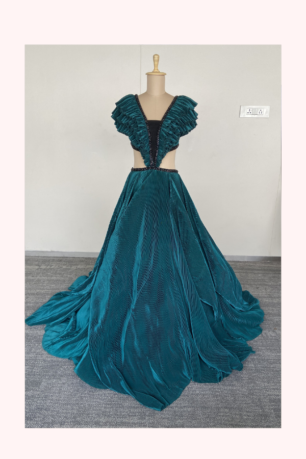 Shantanu & Nikhil Teal Ruffled Evening Gown