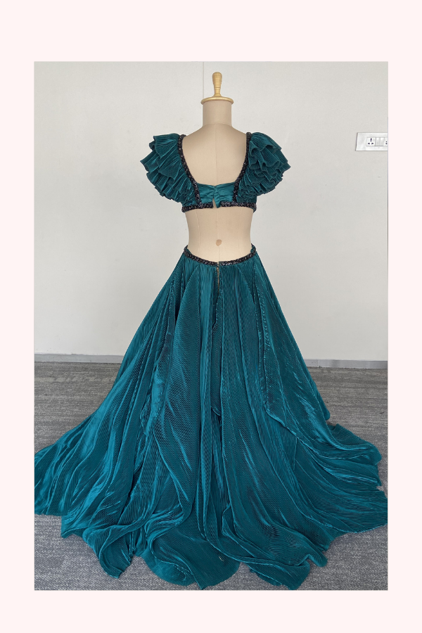 Shantanu & Nikhil Teal Ruffled Evening Gown