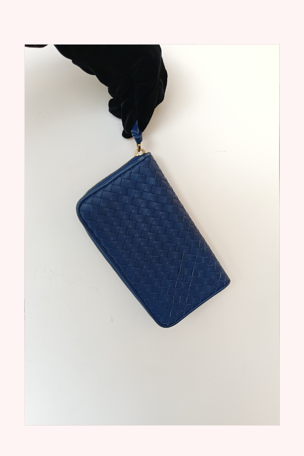 Bottega Veneta Blue Intrecciato Zip Around Wallet