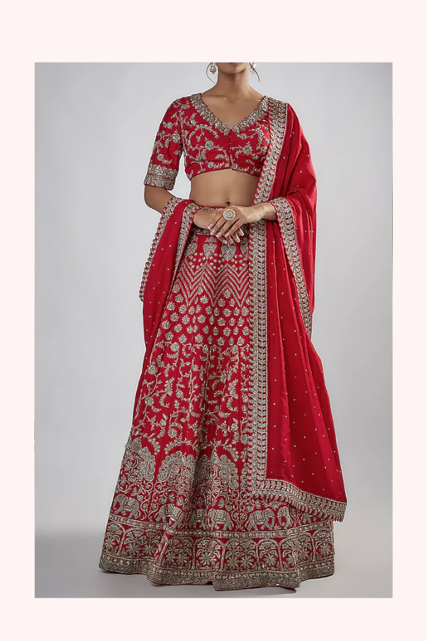 Mrunalini Rao Red Raw Silk Embroidered Lehenga Set