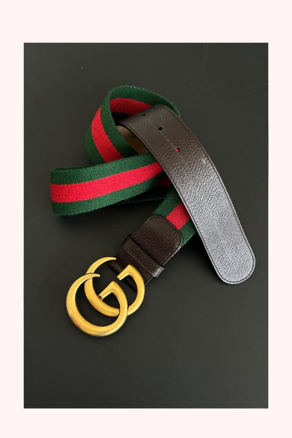 Gucci Multicolor Leather And Web GG Marmont Buckle Belt Size 34