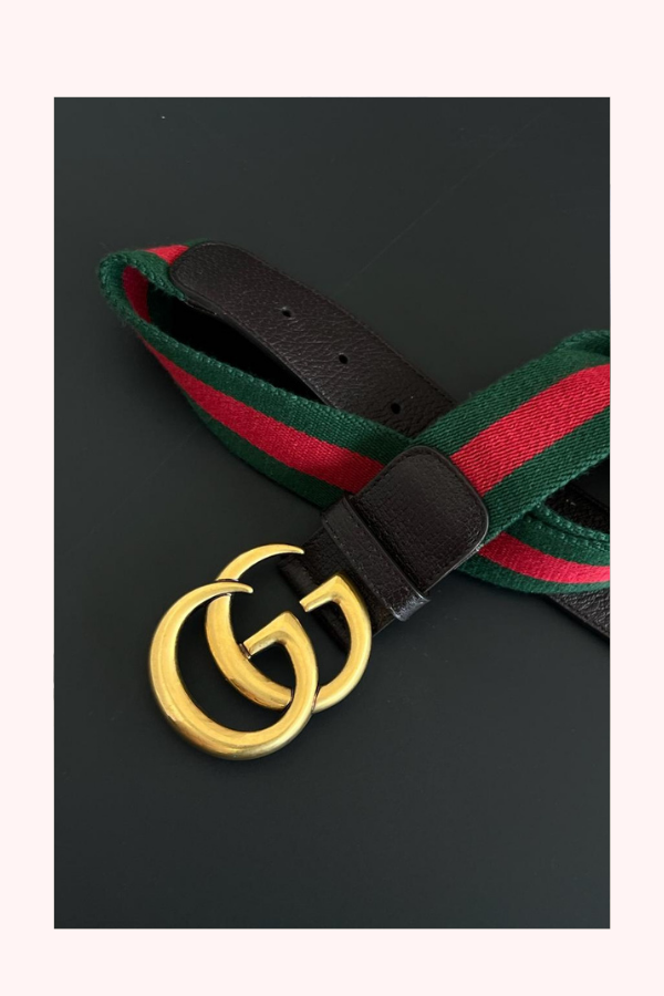 Gucci Multicolor Leather And Web GG Marmont Buckle Belt Size 34