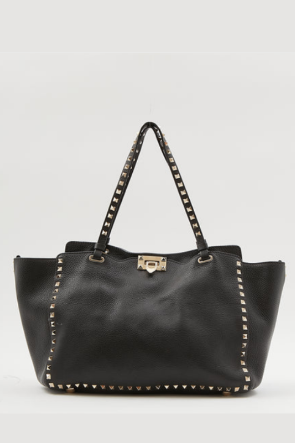 Valentino Black Leather Rockstud Tote Bag