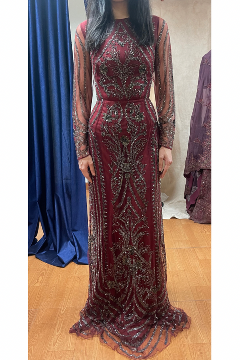Maroon Embellished Gown in Net with Heavy Work