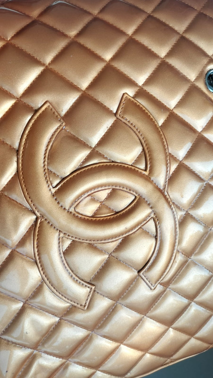 Chanel Metallic Patent Quilted Grand Shopping Tote