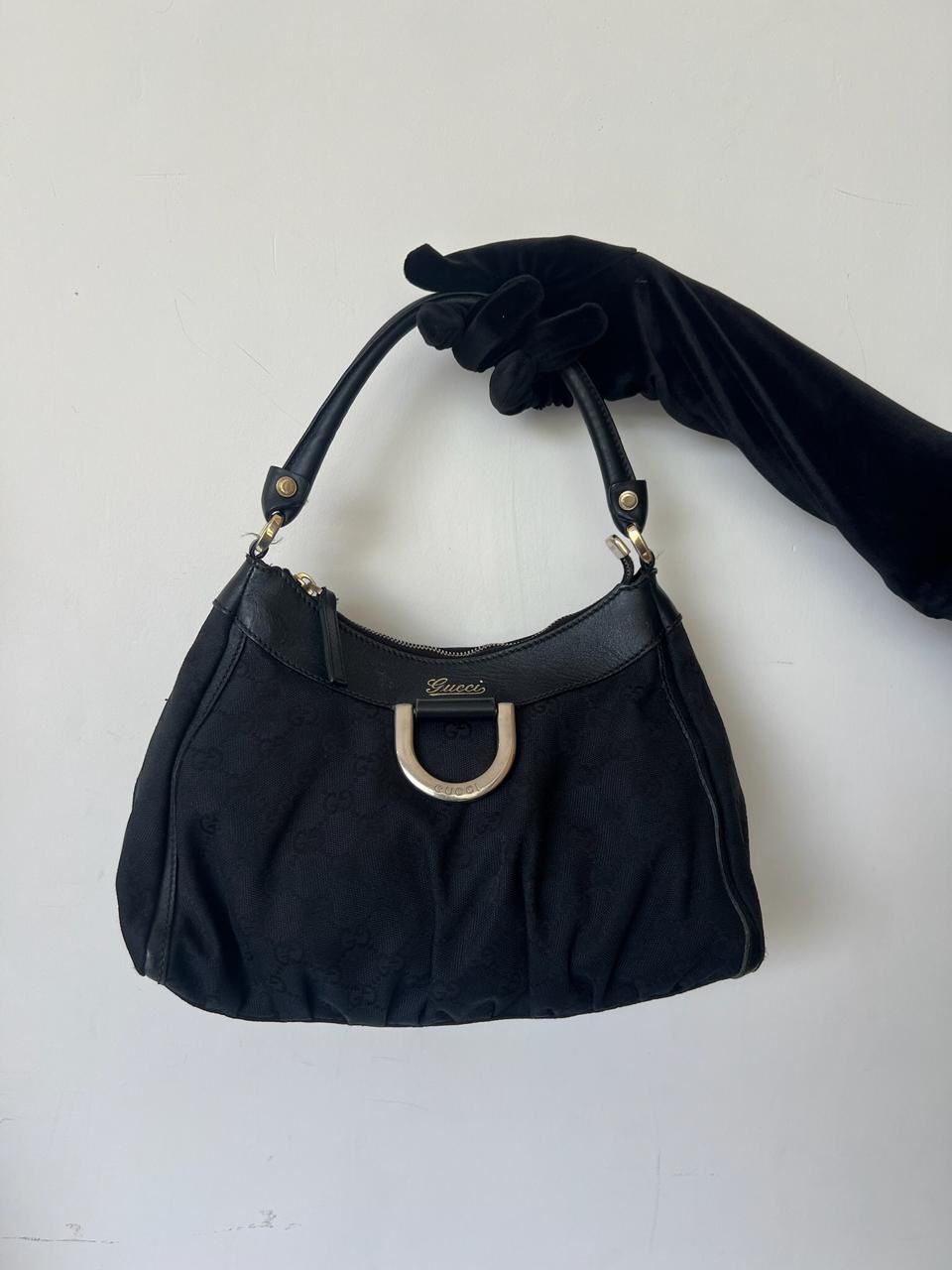 Gucci Black GG Canvas D Gold Hobo Bag
